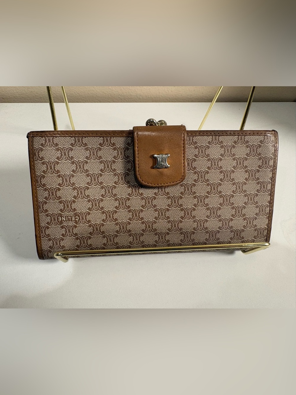Vintage Celine MacadamMonogram Long Wallet Clutch Tan Leather TriompheMade Italy - Picture 2 of 14